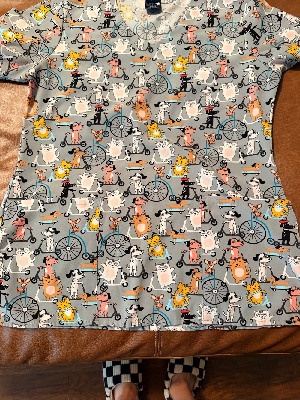 Women’s Scrub Top, Playful Dog & Cat Print